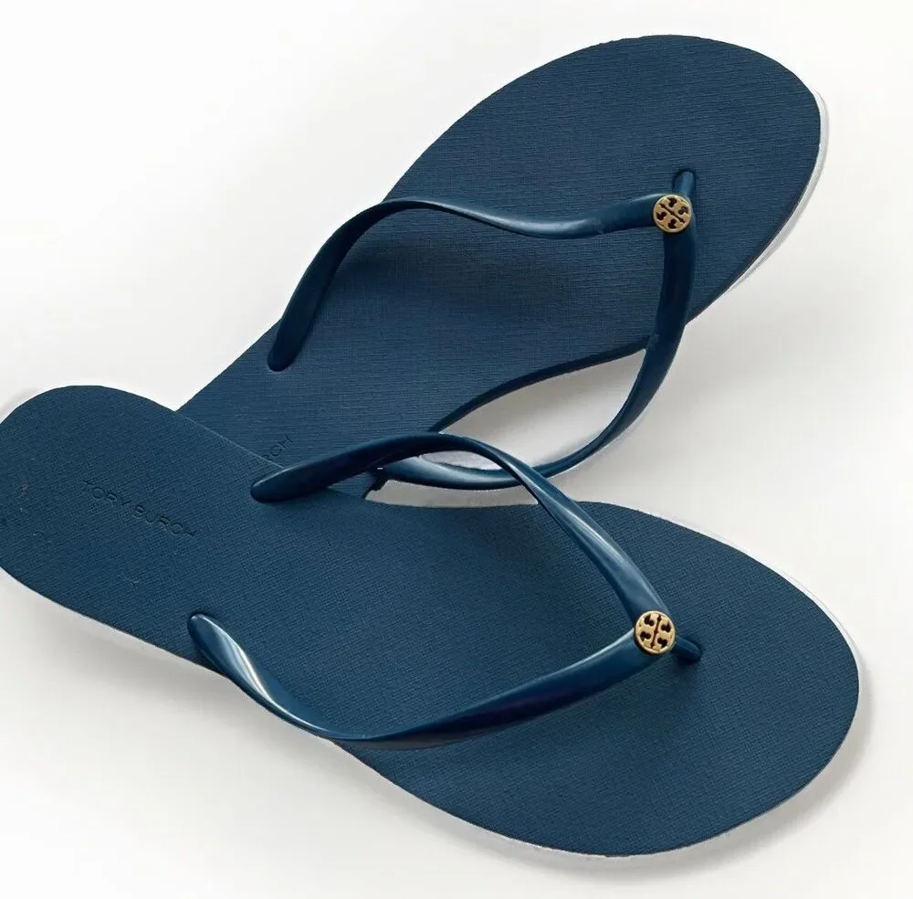 Tory Burch Women's Chelsea Flip Flop Sandals Navy Blue Size 11 Gold Logo, NEW